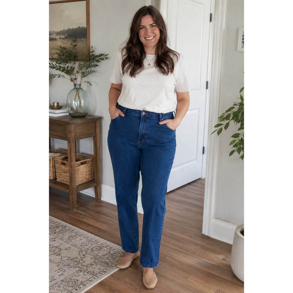 Faded Glory Womens 16 Petite Indigo Blue Straight Leg Stretch High Rise Jeans